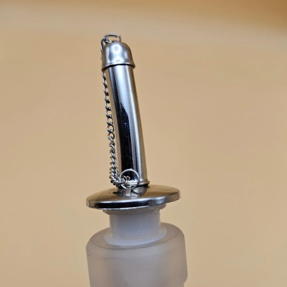 Frosted Glass Bottle w/ Stainless‎ Steel Pour Spout and Chain Stopper Decorative